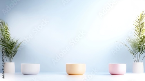 Pastel Bowls with Plants Minimalist Scene Soft Lighting Wide Shot Clean Design Display Product Showcase Light Blue Background Ideal for Branding Materials