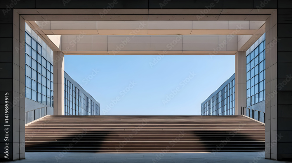Fototapeta premium Modern Architecture Staircase Leading to Blue Sky