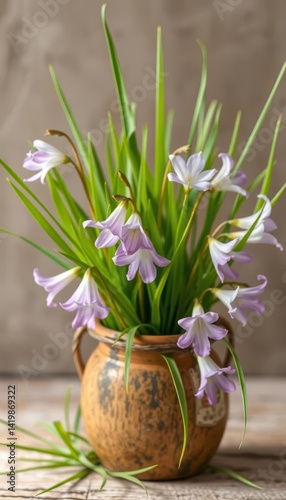 Delicate Campanula blossoms in a rustic vase, accented by vibrant green grass, home, wildflower
