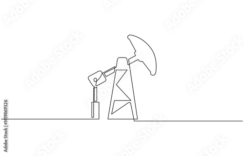 One line continuous abstract conception of lift oil out, pump jack, One continuous line drawing of oil pumpjack. Pump station petroleum production and trade industry in simple linear style.