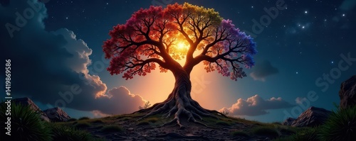 Intertwined light and dark, Yggdrasil roots and branches , art, tree of life