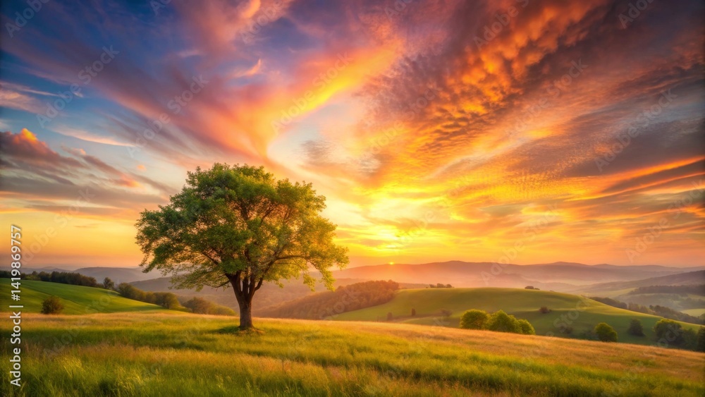 Fototapeta premium Serene Sunset Landscape Solitary Tree in Rolling Hills Bathed in Golden Hour Light
