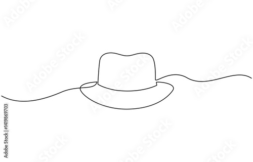 Continuous single drawn one line men hat, one line drawing of cowboy hat, Vector continuous one line drawing of panama hat simple line art vector illustration.