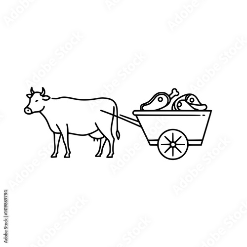 Black outline of a bullock pulling a cart with meat.

