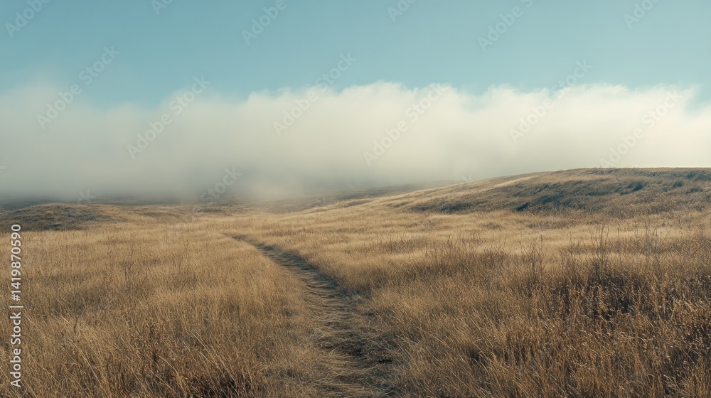 A grassy field path leads through the rolling hills and mist A grassy field path leads through the rolling hills and mist