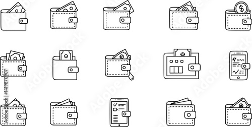 Wallet icon set. Black and linear. Vector EPS