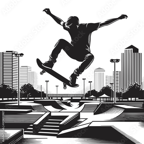 Skateboarder performing a jump in an urban skatepark  