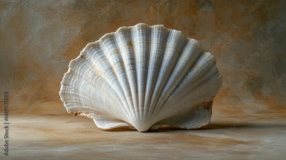 Obraz premium A scallop shell rests elegantly on a textured backdrop.