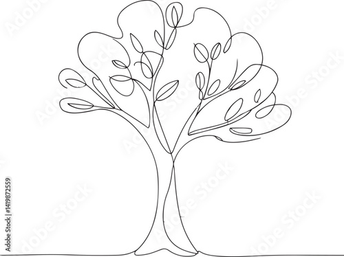 Minimalist line art of abstract trees in a forest setting created with continuous black and white lines forming organic shapes and elegant stylized branch patterns