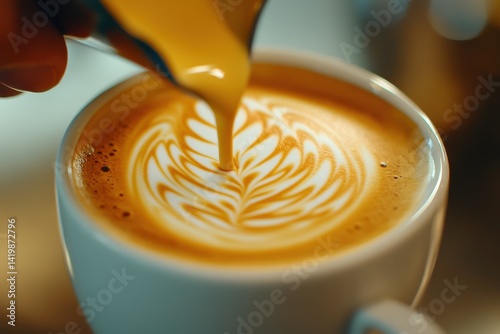 Expert barista pours golden crema over intricate latte art.