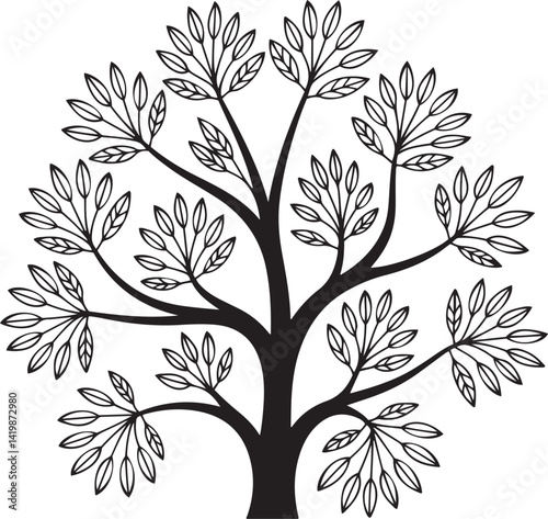 Continuous line art of abstract trees with interconnected branches in a black and white minimalist forest style capturing the elegance of nature with organic curves