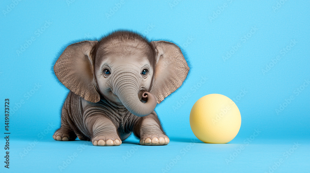 Adorable Baby Elephant Cub with a Yellow Ball on a Cheerful Blue Background Digital Art Style Adorable Baby Elephant Cub with a Yellow Ball on a Cheerful Blue Background Digital Art Style