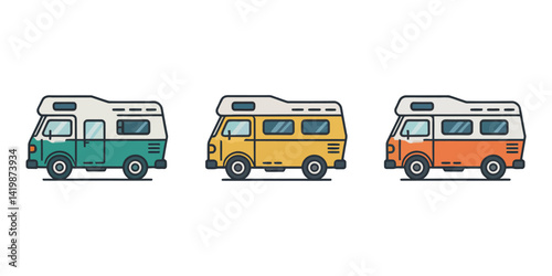 Camper van silhouette set  Vector design, Caravan trailer icons set in black filled and stroke line style, Recreational Vehicle Abstract Silhouette Vector Graphics Pack, Caravan Black Line.