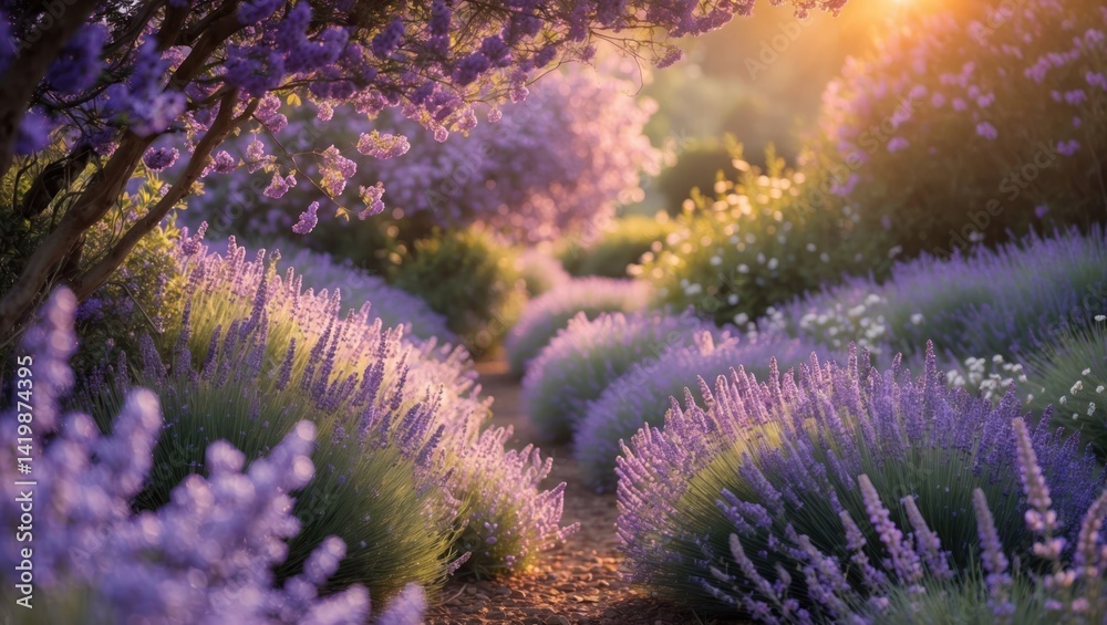 Fototapeta premium Walking Path Through Lavender Field with Sunlight and Floral Trees