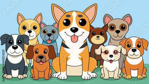 Cartoon illustration showing a group of ten cute dogs of various breeds sitting together happily