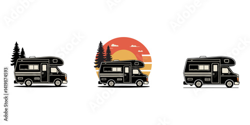Camper van silhouette set  Vector design, Caravan trailer icons set in black filled and stroke line style, Recreational Vehicle Abstract Silhouette Vector Graphics Pack, Caravan Black Line.