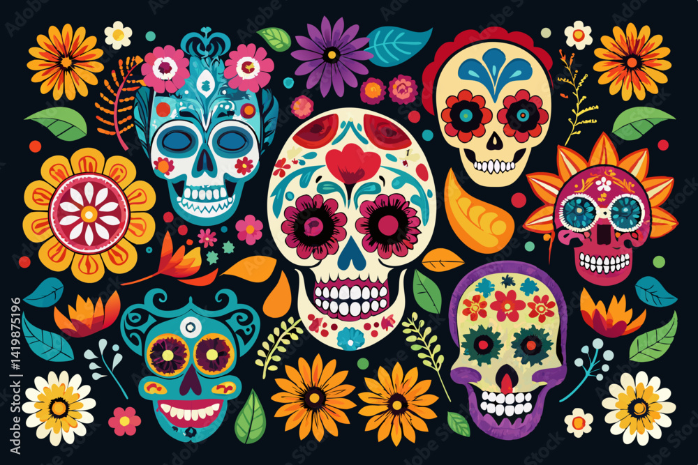 Colorful day of the dead sugar skulls and flowers on a black background in a flat vector style design Colorful day of the dead sugar skulls and flowers on a black background in a flat vector style design