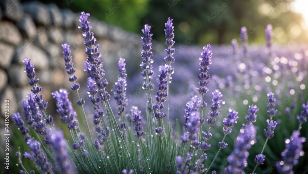 Obraz premium Blooming Lavender Field with Water Droplets Against a Stone Wall