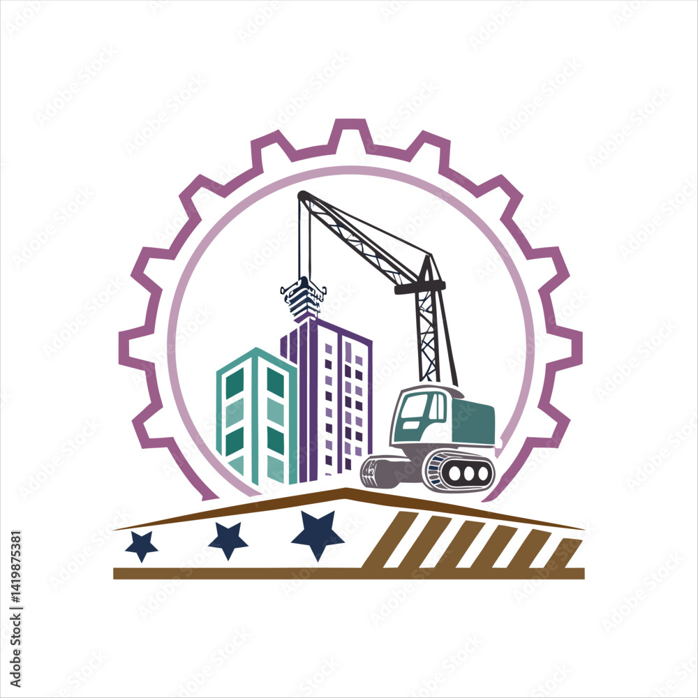 Naklejka premium Construction Site Logo with Crane, Buildings, and Gear Wheel Icon – Industrial Development Concept