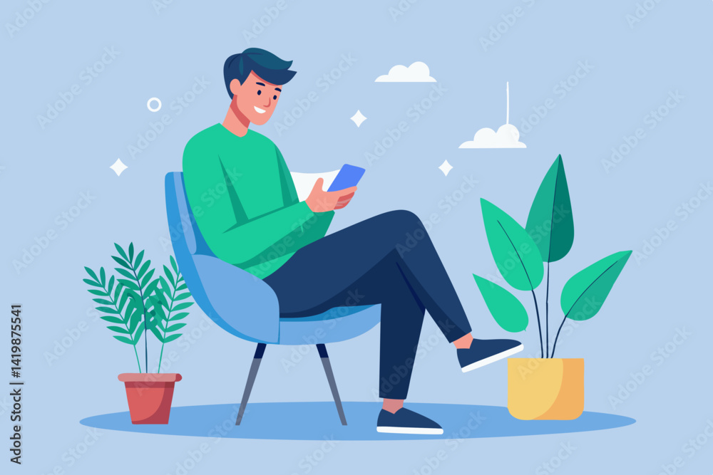 Man sitting in a chair with a phone and plants in a room with a light blue background and clouds Man sitting in a chair with a phone and plants in a room with a light blue background and clouds