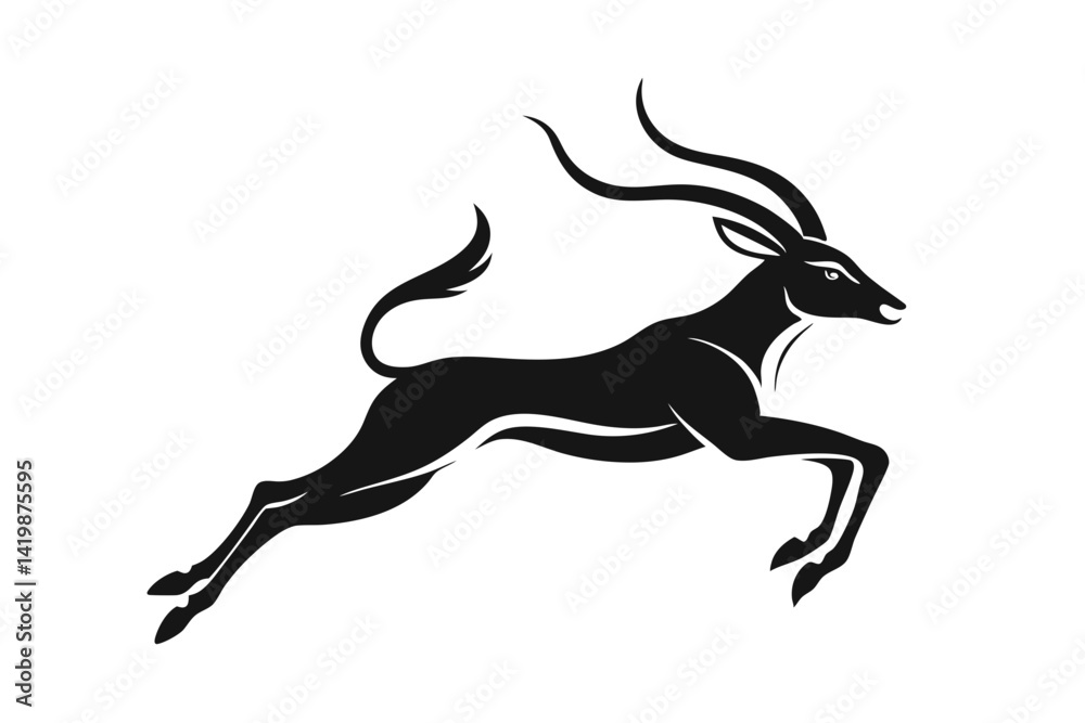Obraz premium Silhouette illustration of a leaping antelope with long curved horns and a slender tail design