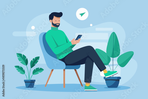 Illustration of a man with a beard sitting in a chair using a smartphone in a room with plants