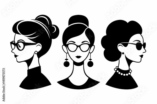 Three elegant women with different hairstyles and accessories in black and white style vector art