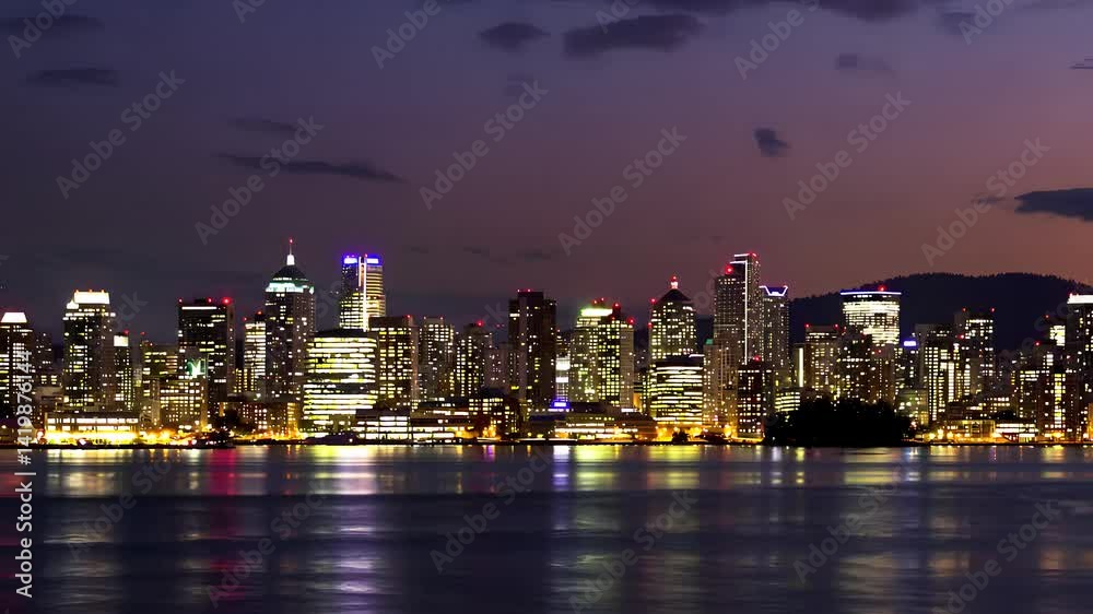Vibrant City Skyline at Dusk with Clouds and Reflections on Water Vibrant City Skyline at Dusk with Clouds and Reflections on Water