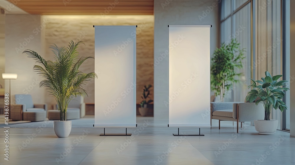 Fototapeta premium Empty vertical banners stand in a modern interior space.