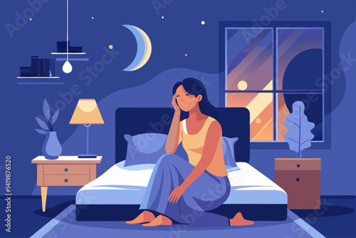 Woman sitting on bed in bedroom at night with moon and stars visible through the window feeling sad and lonely