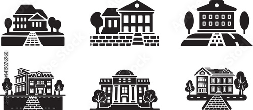 Set of Black and White Residential Building Icons