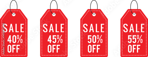Discount Tags Galore A collection of vibrant red sale tags, each showcasing a different percentage discount, neatly arranged. a clear representation of deals and savings.