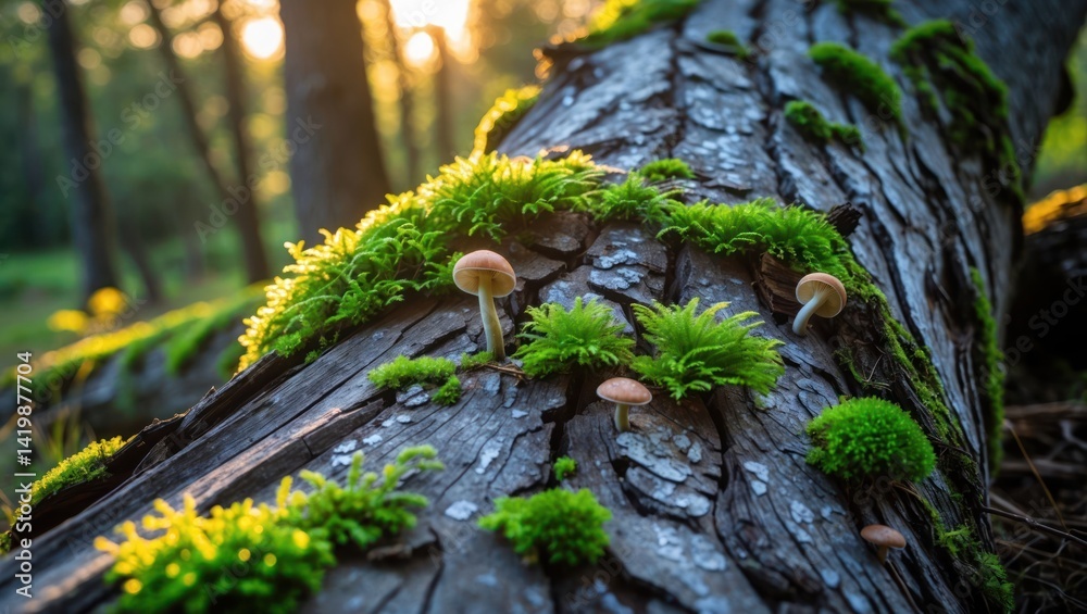Mushrooms and Moss Growing on Log in Forest at Sunset
