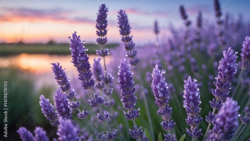 Fototapeta premium Lavender Flower Field with Water Droplets at Sunset Tranquil Landscape