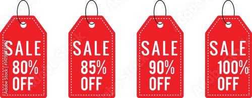 Price tag for a Sale  A set of four striking red price tags showcasing impressive discounts. Representing value and savings for customers, offering a visual of various percentage off discounts. 