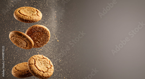 Floating Ginger Snap Cookies & Sugar Dust in Motion with Gradient Background Copy Space