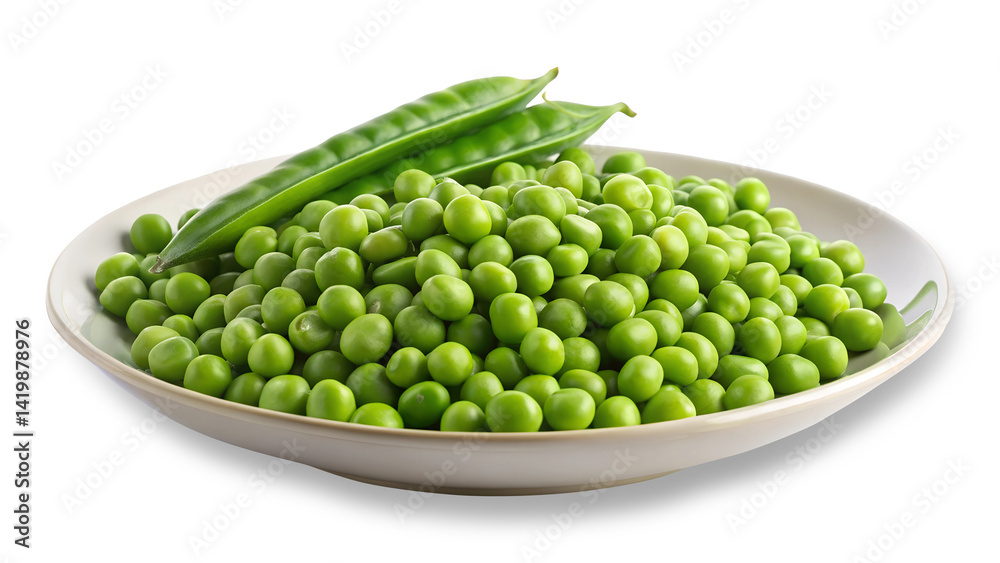 Fresh bright green peas and pods presented on a simple ceramic plate with transparent shadow on transparent background PNG Fresh bright green peas and pods presented on a simple ceramic plate with transparent shadow on transparent background PNG
