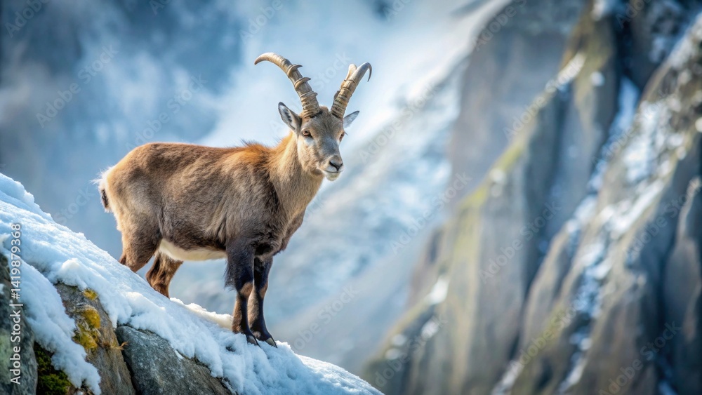 Majestic Alpine Ibex Perched on Snowy Mountain Peak, a Symbol of Wild Beauty and Untamed Nature Majestic Alpine Ibex Perched on Snowy Mountain Peak, a Symbol of Wild Beauty and Untamed Nature