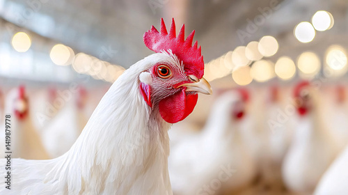 White Chicken in Poultry Farm Surrounded by Other Chickens with Blurred Background Indoor Environment photo
