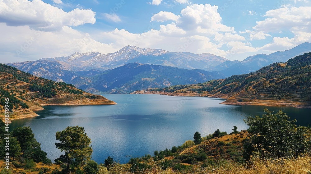 Naklejka premium Serene mountain lake nestled in a valley under a vibrant sky.