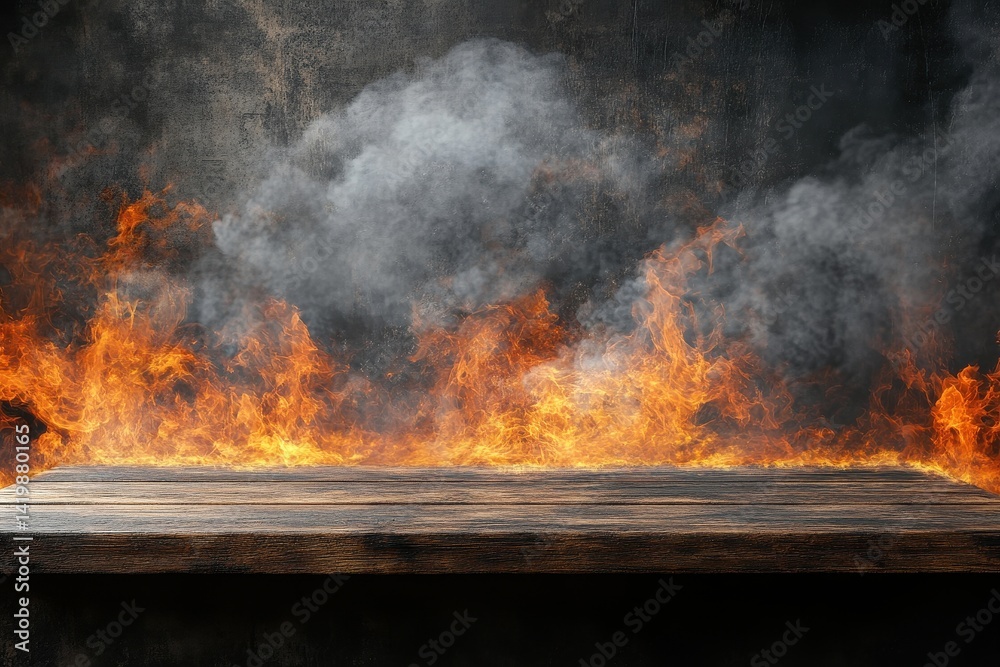 Fototapeta premium Fiery wooden surface against a backdrop of intense flames and smoke.