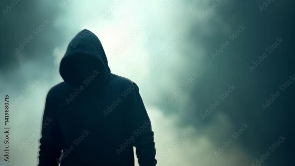 Mysterious hooded figure silhouetted against blue smoke, HD footage. Mysterious hooded figure silhouetted against blue smoke, HD footage.