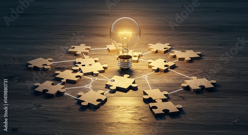 Connecting Ideas Lightbulb with Puzzle Pieces on Wooden Surface