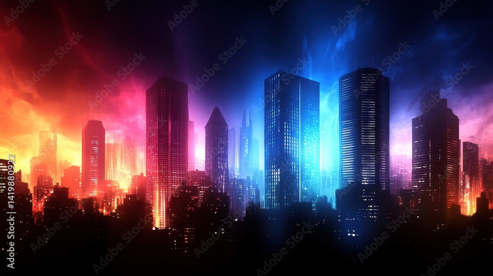 Fototapeta premium A vibrant city skyline illuminated with colorful lights, showcasing tall buildings against a dramatic background.