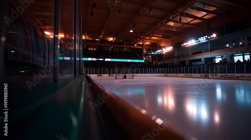 Empty hockey arena under dim lighting, viewed from the ice. photo