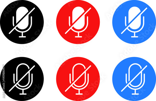mute microphone icons set . Voice record buttons. mic off symbol. Retro vocal speaker buttons. Classical micro with volume off