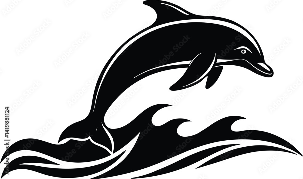 Obraz premium vector illustration of a dolphin, dolphin vector illustration, silhouette of a dolphin jumping, happy face reaction dolphin cartoon character head icon, outlined vector of jumping dolphin.