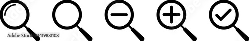 Magnifying glass icon set. loupe sign with check mark, plus symbol.  Search icons