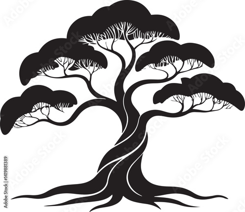 Tree silhouette stylized illustration navy blue on white background intricate branches abundant leaves organic shapes twisted trunk roots visible symmetrical design nature art mini