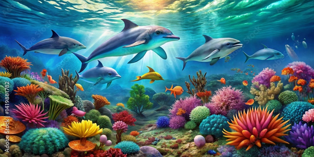 Fototapeta Vibrant Underwater Scene with Dolphins Gracefully Swimming Above a Lush Coral Reef, Colorful Fish and Diverse Marine Life Flourishing in a Sunlit Ocean